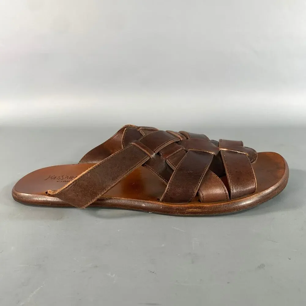 YVES SAINT LAURENT Size 11 Brown Woven Leather Flat Sandals